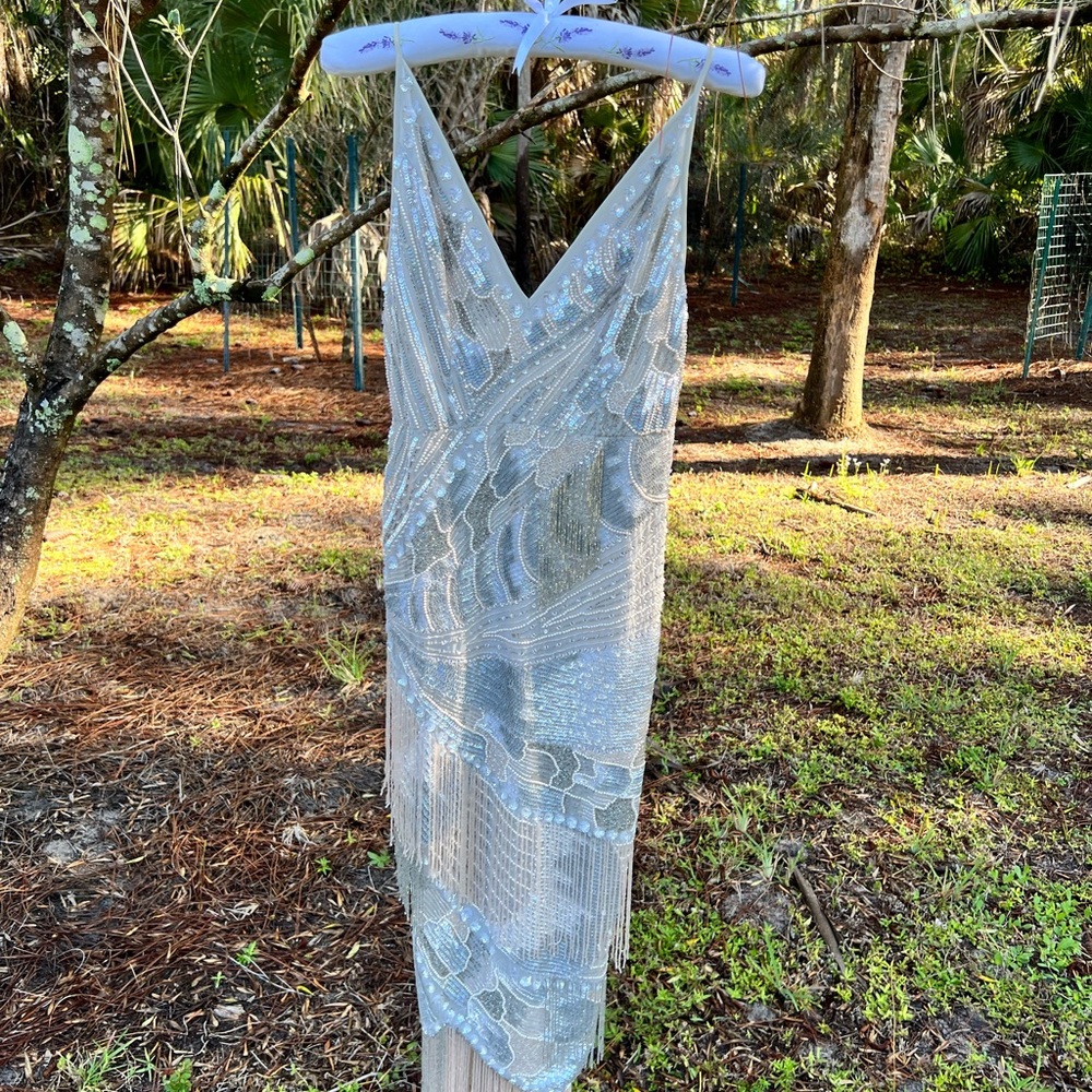 “Roaring 20s Style” Silver Sequin and Fringe V-Neck Dress